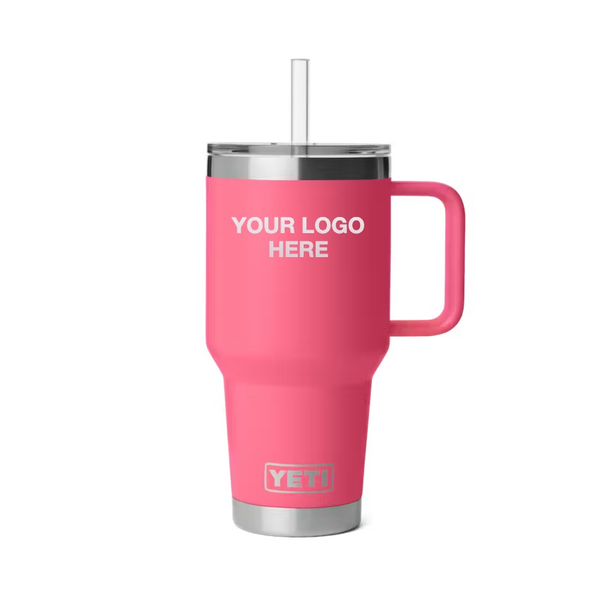 35 oz YETI Straw Mug in Tropical Pink with Your Logo Here engraving area (sample mockup)