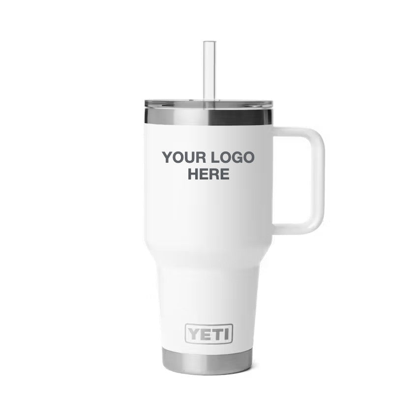 35 oz YETI Straw Mug in White with Your Logo Here engraving area (sample mockup)