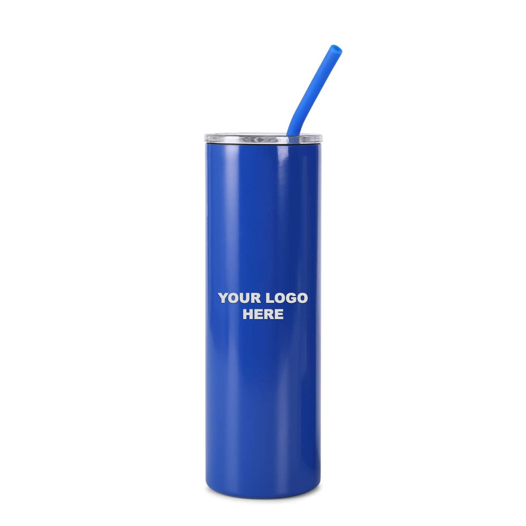 Blue 20 oz skinny tumbler with straw, engraved YOUR LOGO HERE sample