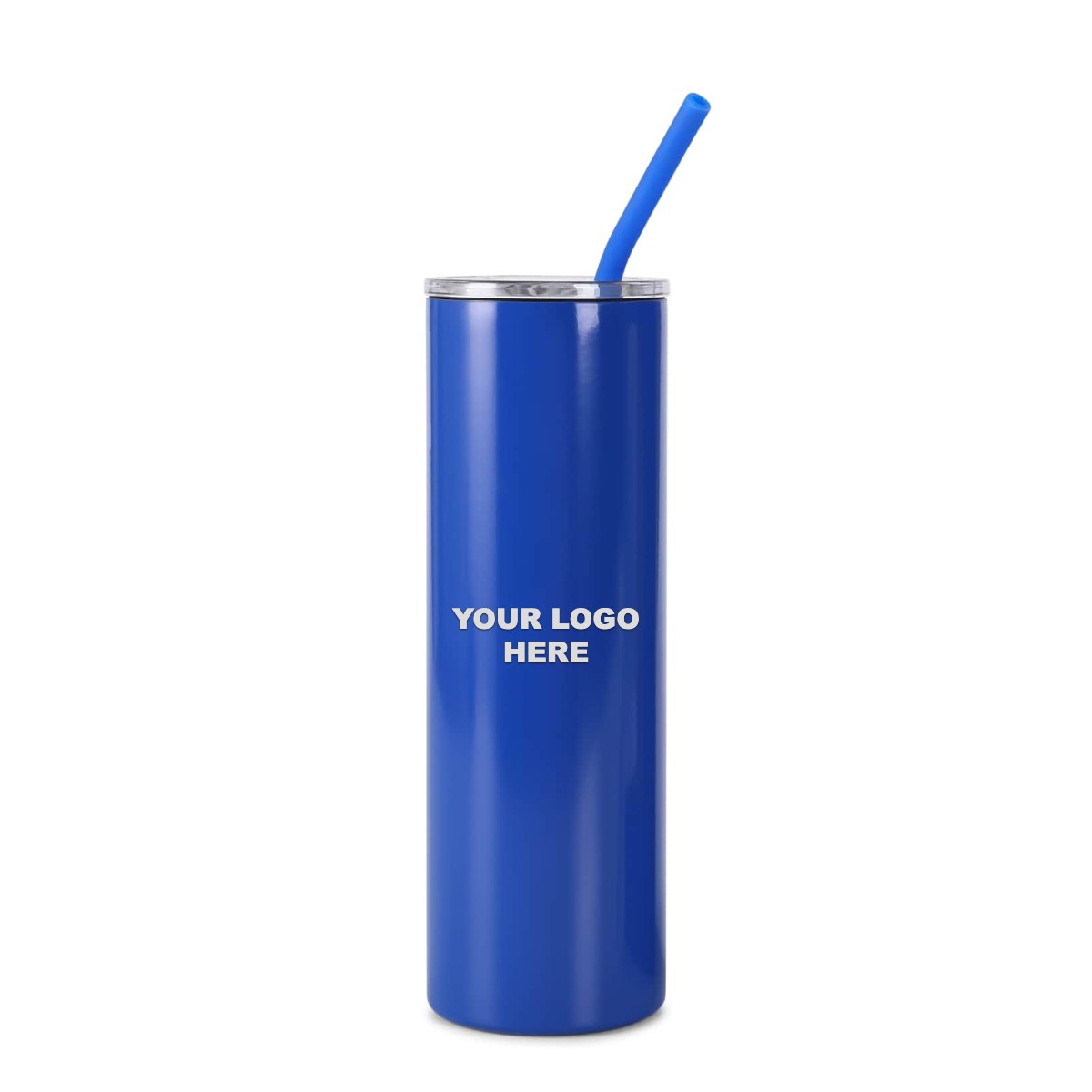 Blue 20 oz skinny tumbler with straw, engraved YOUR LOGO HERE sample
