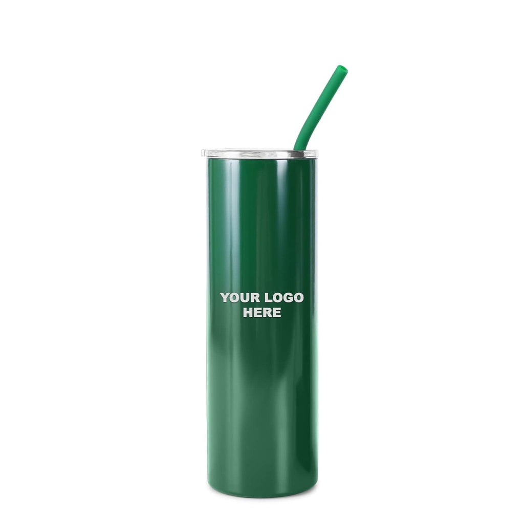 Green 20 oz skinny tumbler with straw, engraved YOUR LOGO HERE sample