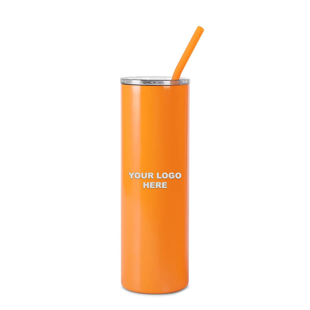 Orange 20 oz skinny tumbler with straw, engraved YOUR LOGO HERE sample