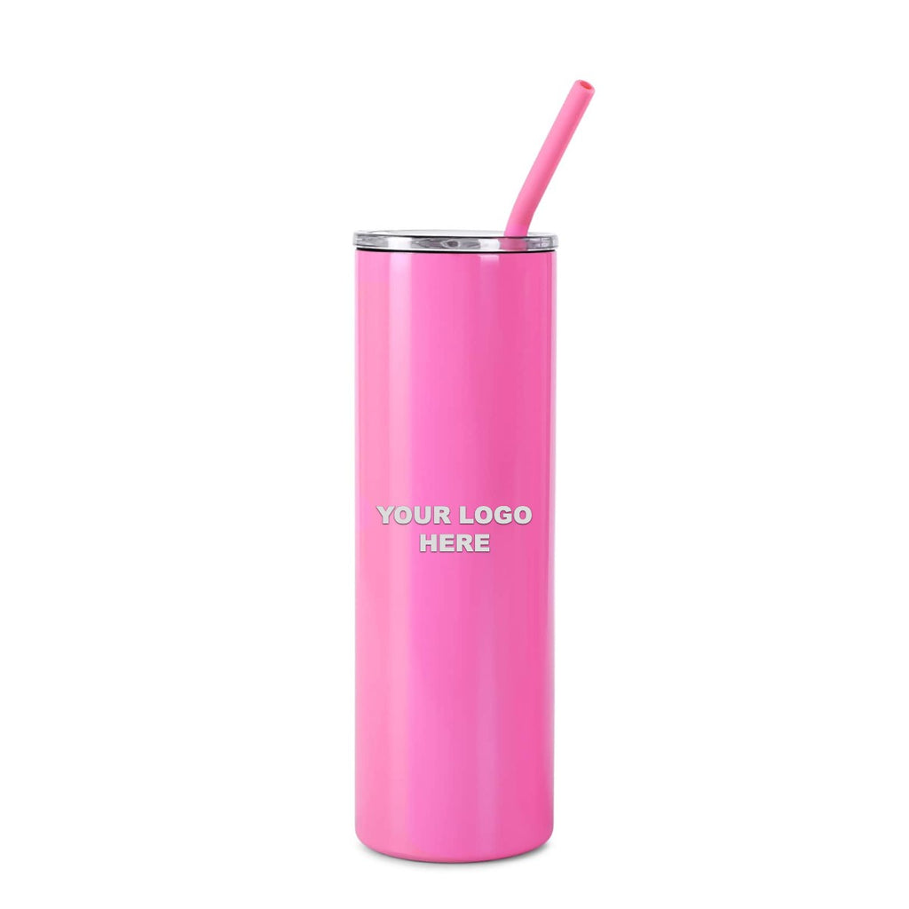 Pink 20 oz skinny tumbler with straw, engraved YOUR LOGO HERE sample
