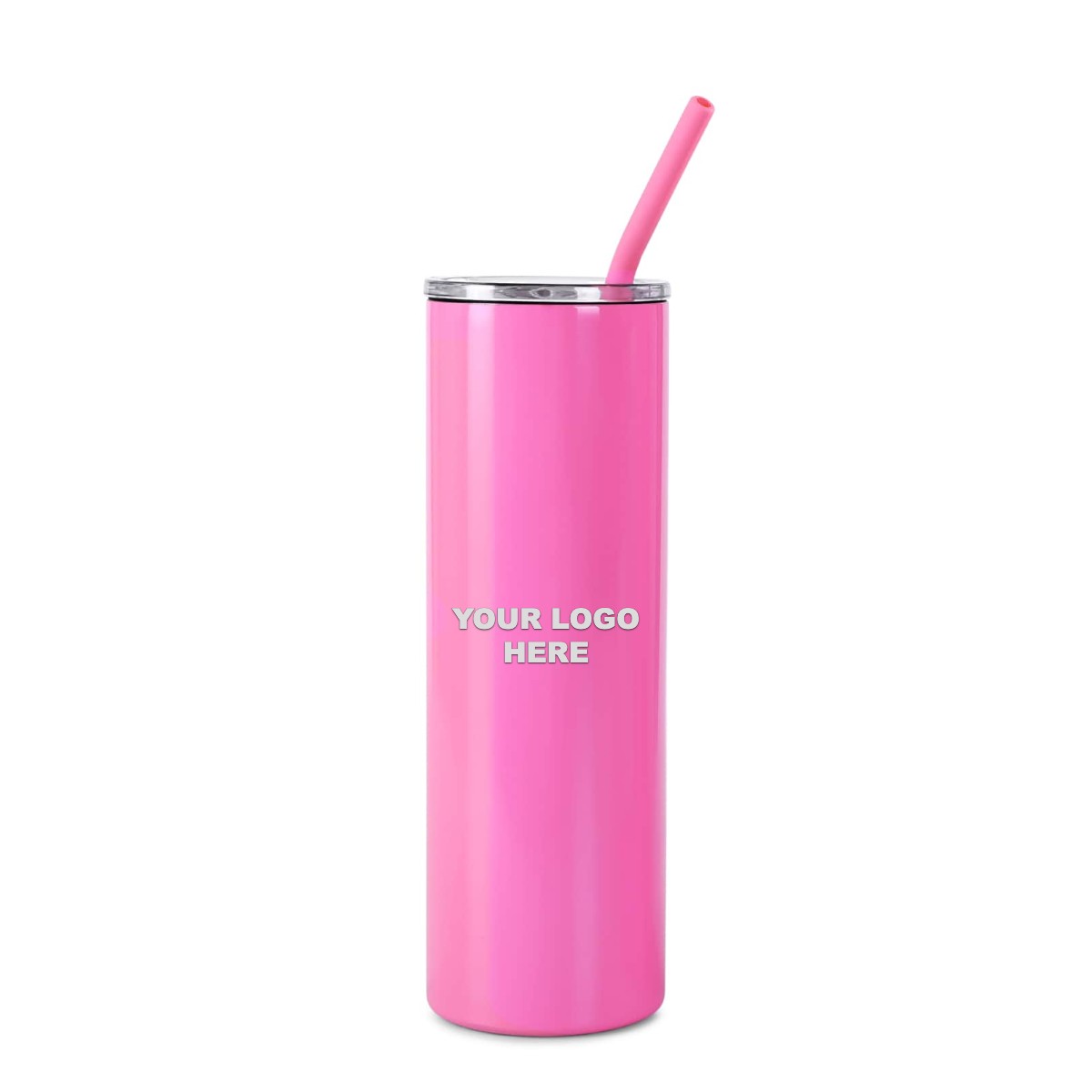 Pink 20 oz skinny tumbler with straw, engraved YOUR LOGO HERE sample