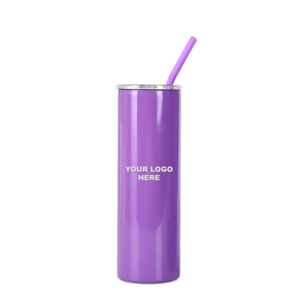 Purple 20 oz skinny tumbler with straw, engraved YOUR LOGO HERE sample