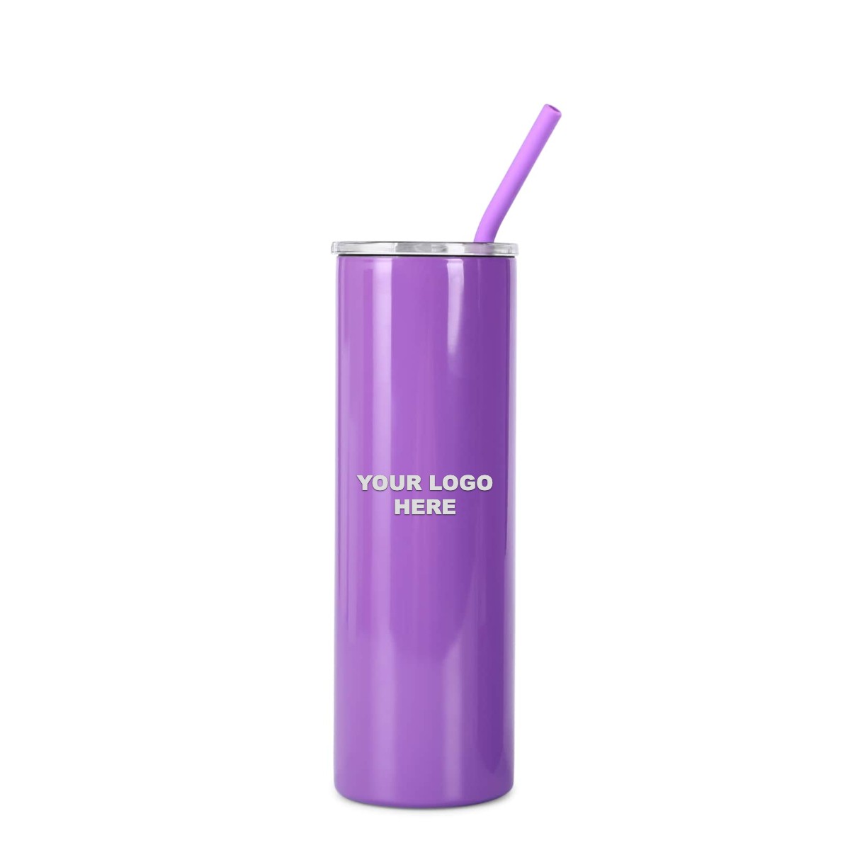 Purple 20 oz skinny tumbler with straw, engraved YOUR LOGO HERE sample