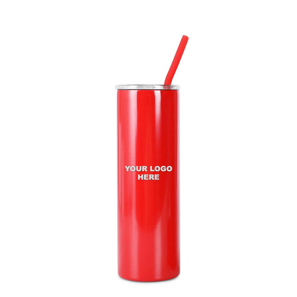 Red 20 oz skinny tumbler with straw, engraved YOUR LOGO HERE sample