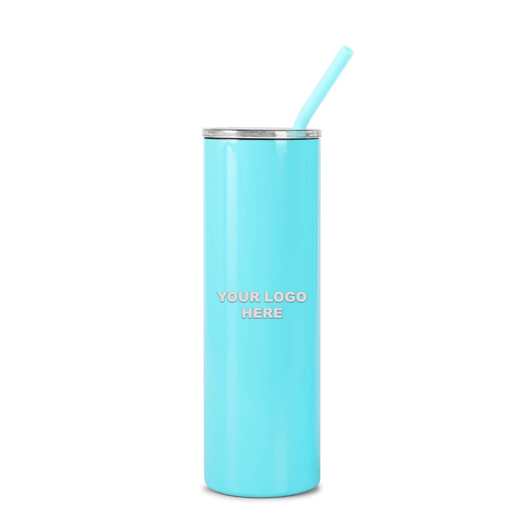 Teal 20 oz skinny tumbler with straw, engraved YOUR LOGO HERE sample
