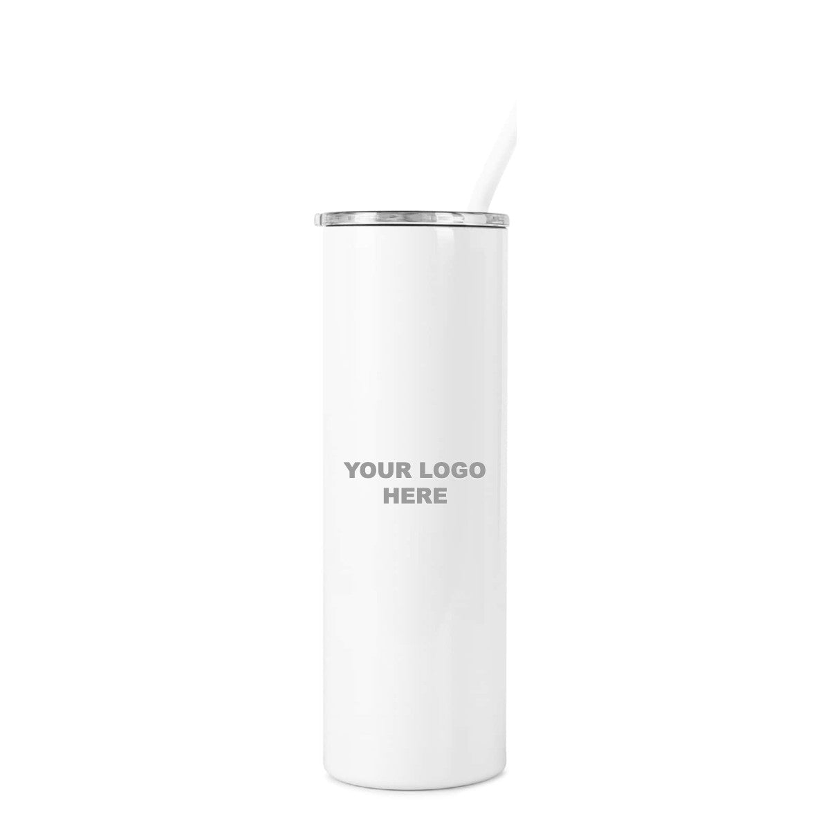 White 20 oz skinny tumbler with straw, engraved YOUR LOGO HERE sample