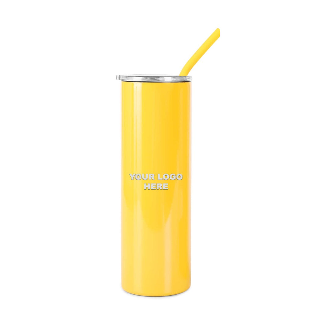 Yellow 20 oz skinny tumbler with straw, engraved YOUR LOGO HERE sample