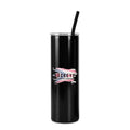 Black 20 oz skinny tumbler with straw, full-color UV printed sample logo