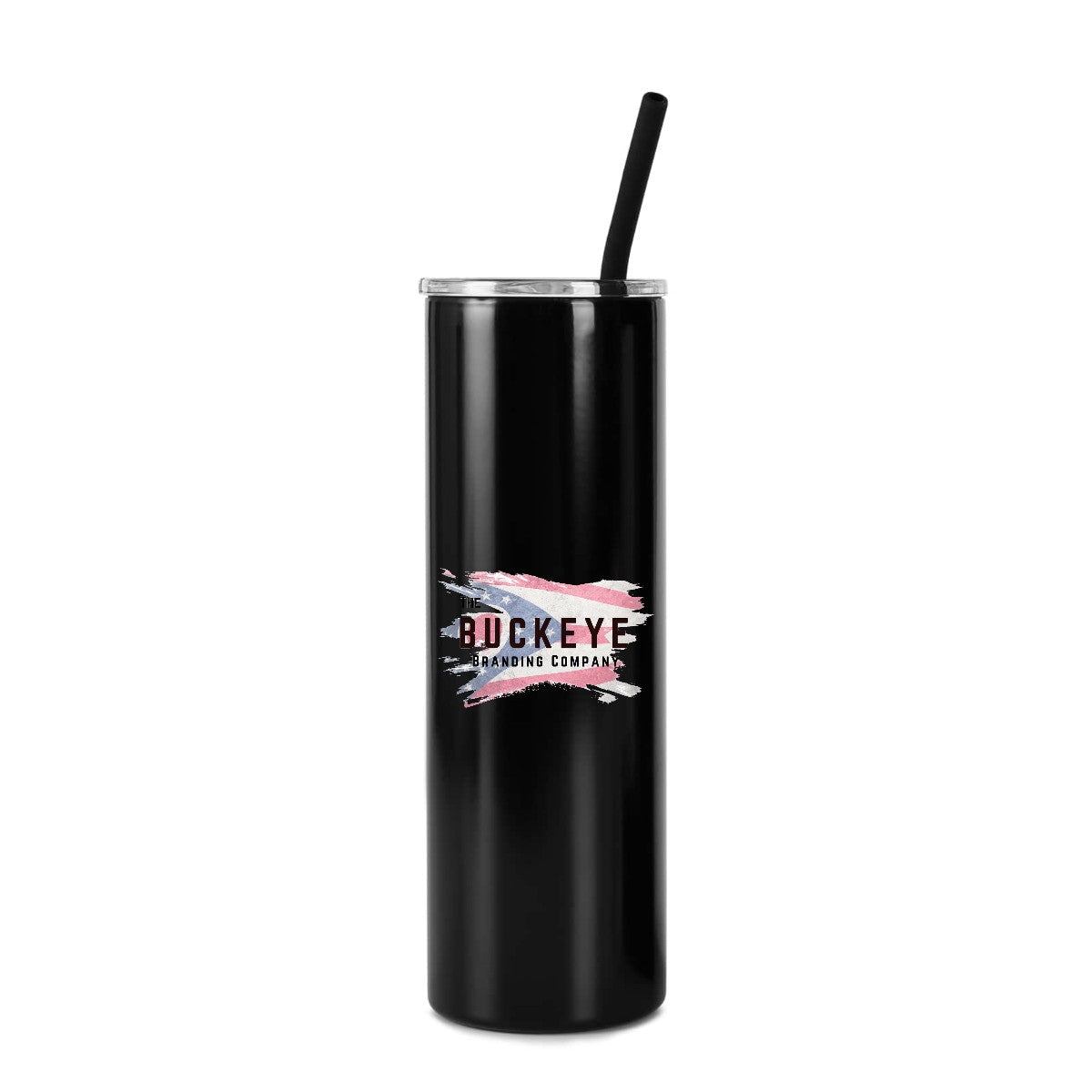 Black 20 oz skinny tumbler with straw, full-color UV printed sample logo
