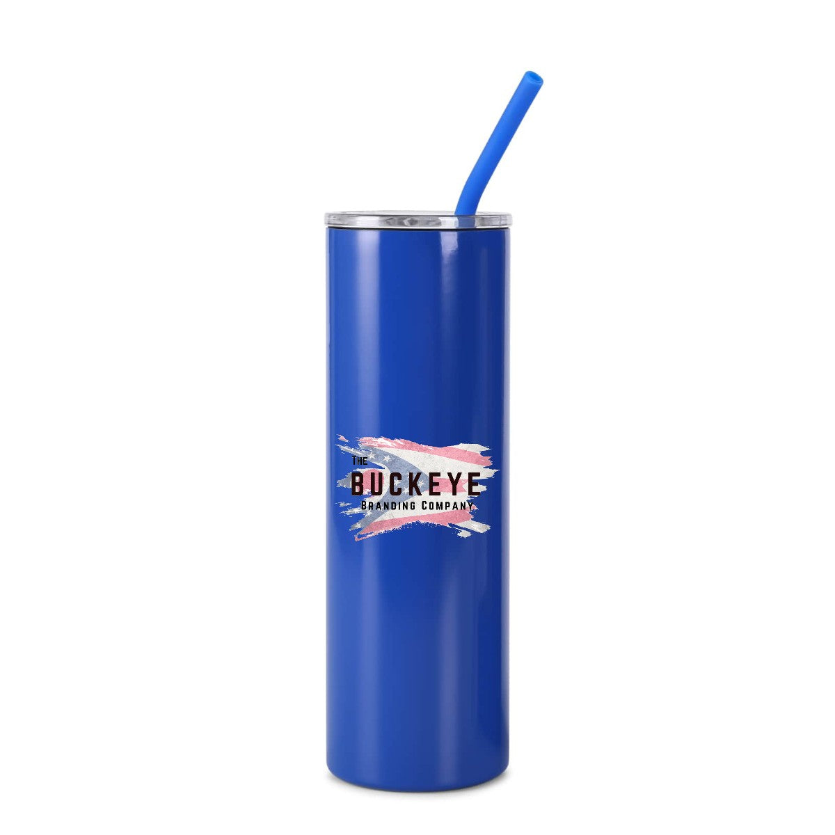 Blue 20 oz skinny tumbler with straw, full-color UV printed sample logo