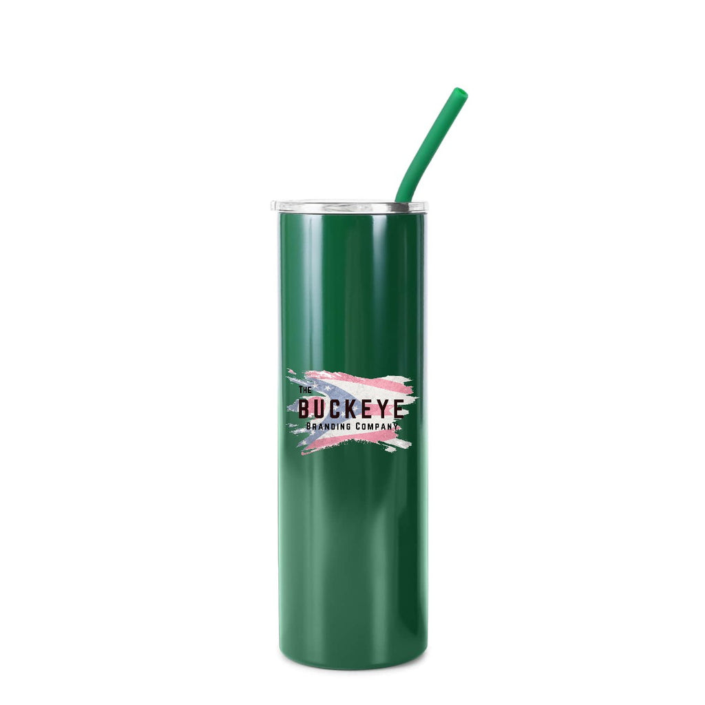 Green 20 oz skinny tumbler with straw, full-color UV printed sample logo