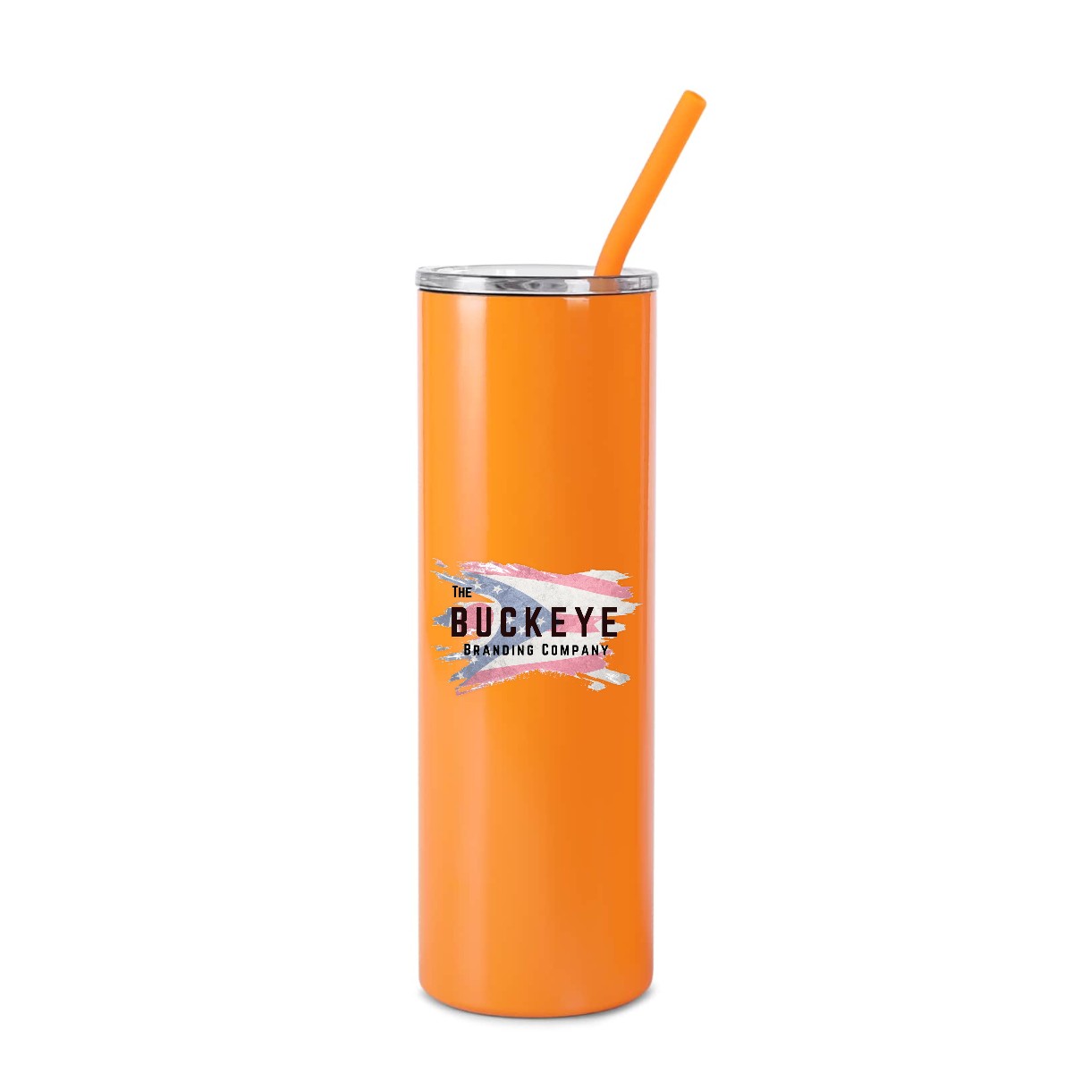 Orange 20 oz skinny tumbler with straw, full-color UV printed sample logo