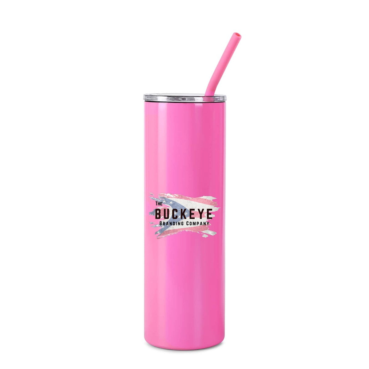 Pink 20 oz skinny tumbler with straw, full-color UV printed sample logo