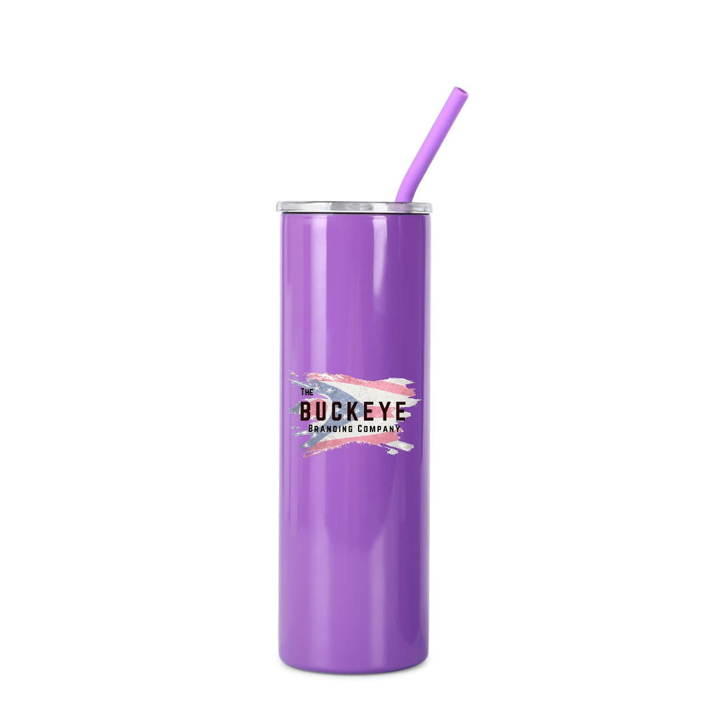 Purple 20 oz skinny tumbler with straw, full-color UV printed sample logo