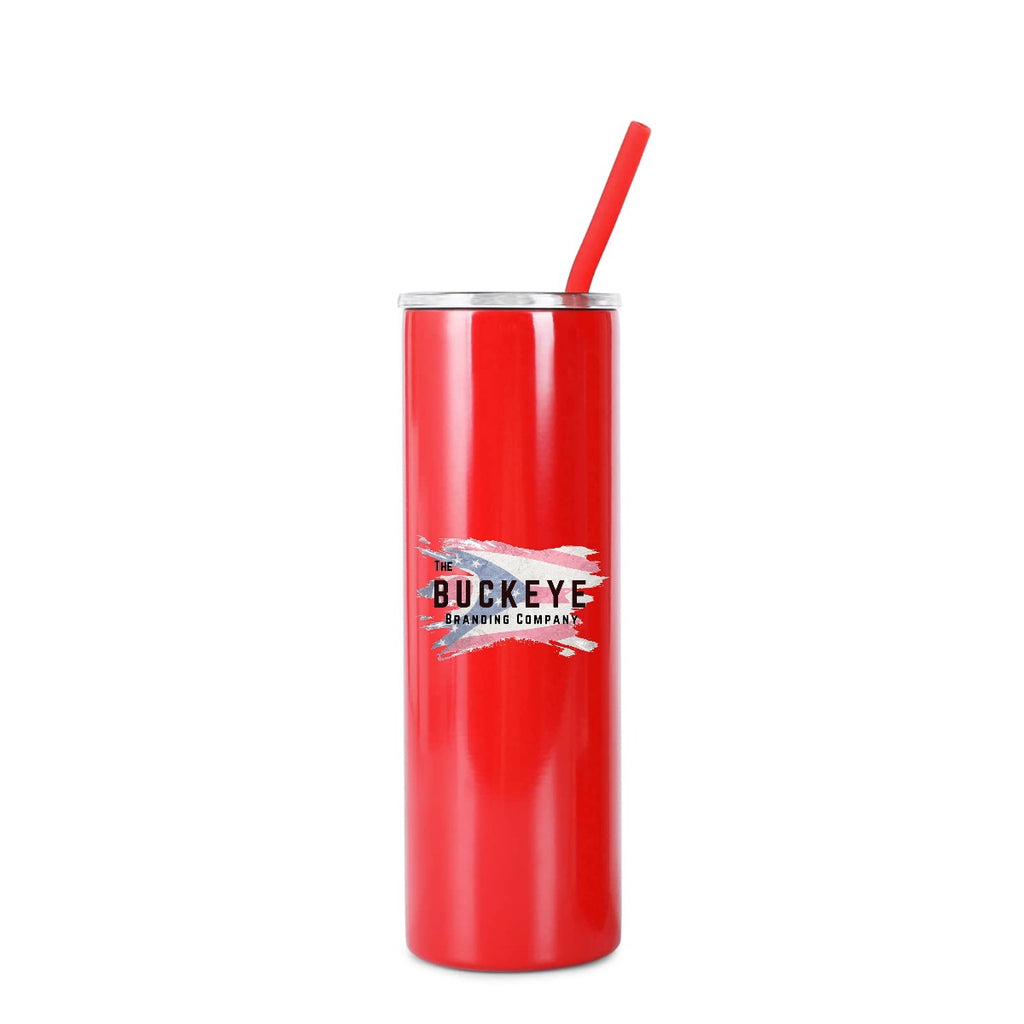 Red 20 oz skinny tumbler with straw, full-color UV printed sample logo