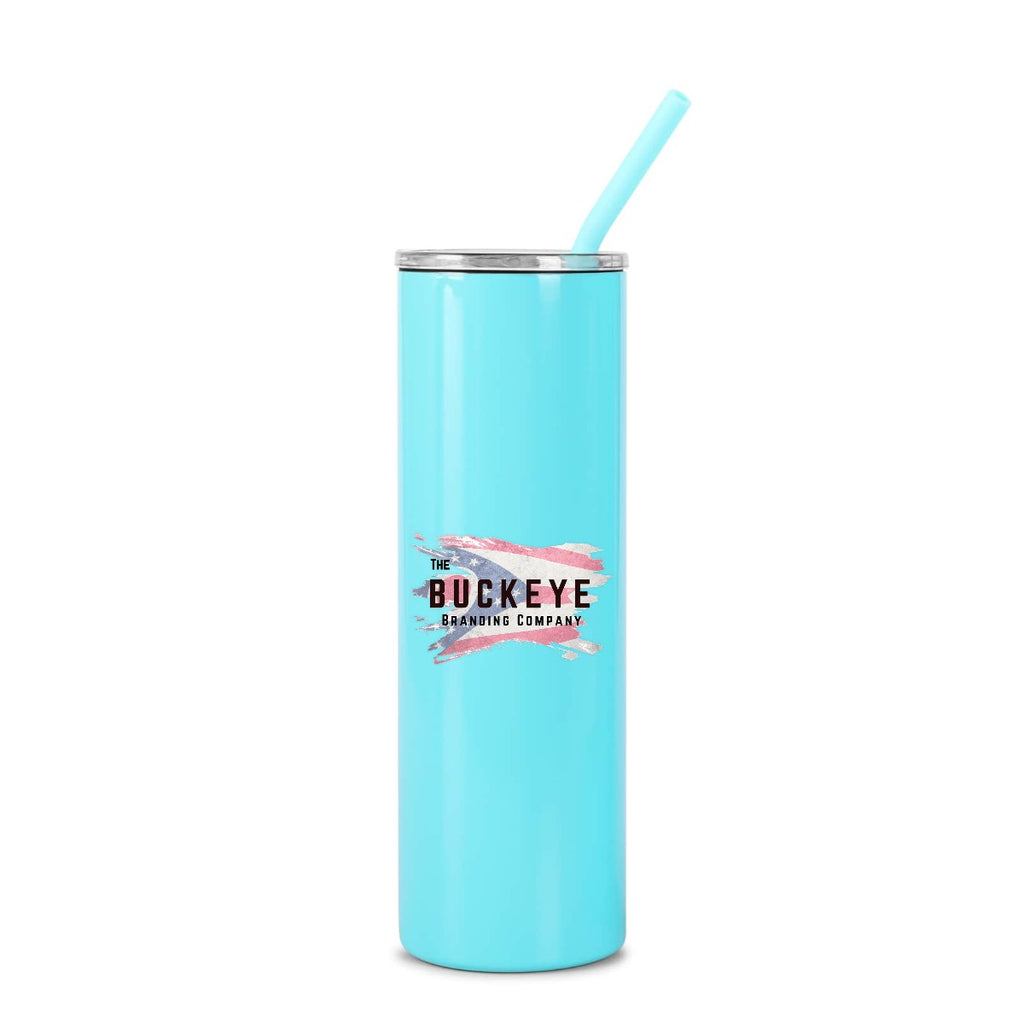 Teal 20 oz skinny tumbler with straw, full-color UV printed sample logo
