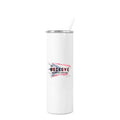 White 20 oz skinny tumbler with straw, full-color UV printed sample logo