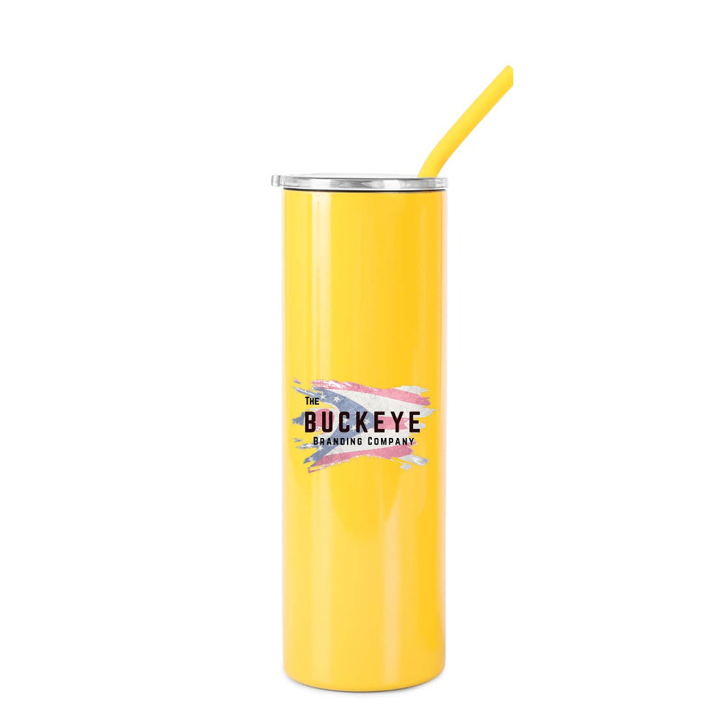 Yellow 20 oz skinny tumbler with straw, full-color UV printed sample logo