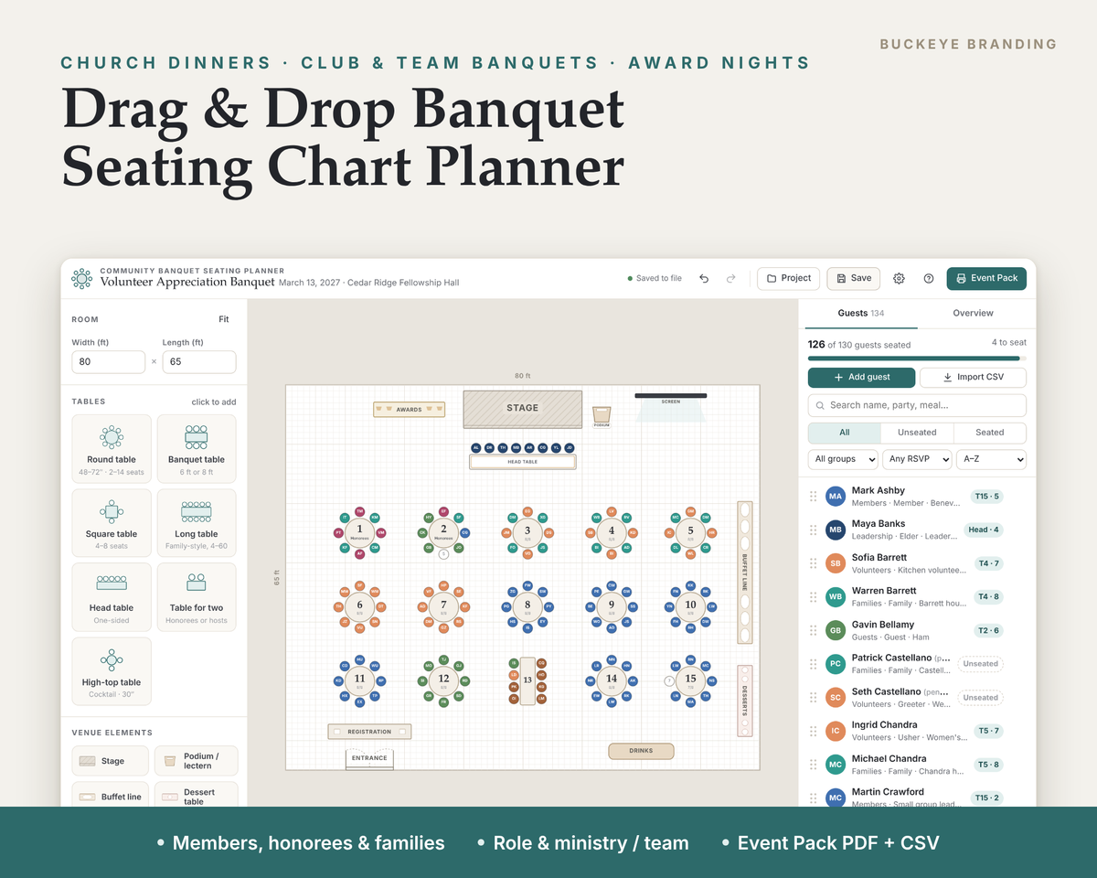 Community Banquet Seating Chart Planner digital download, preview image 1 of 5