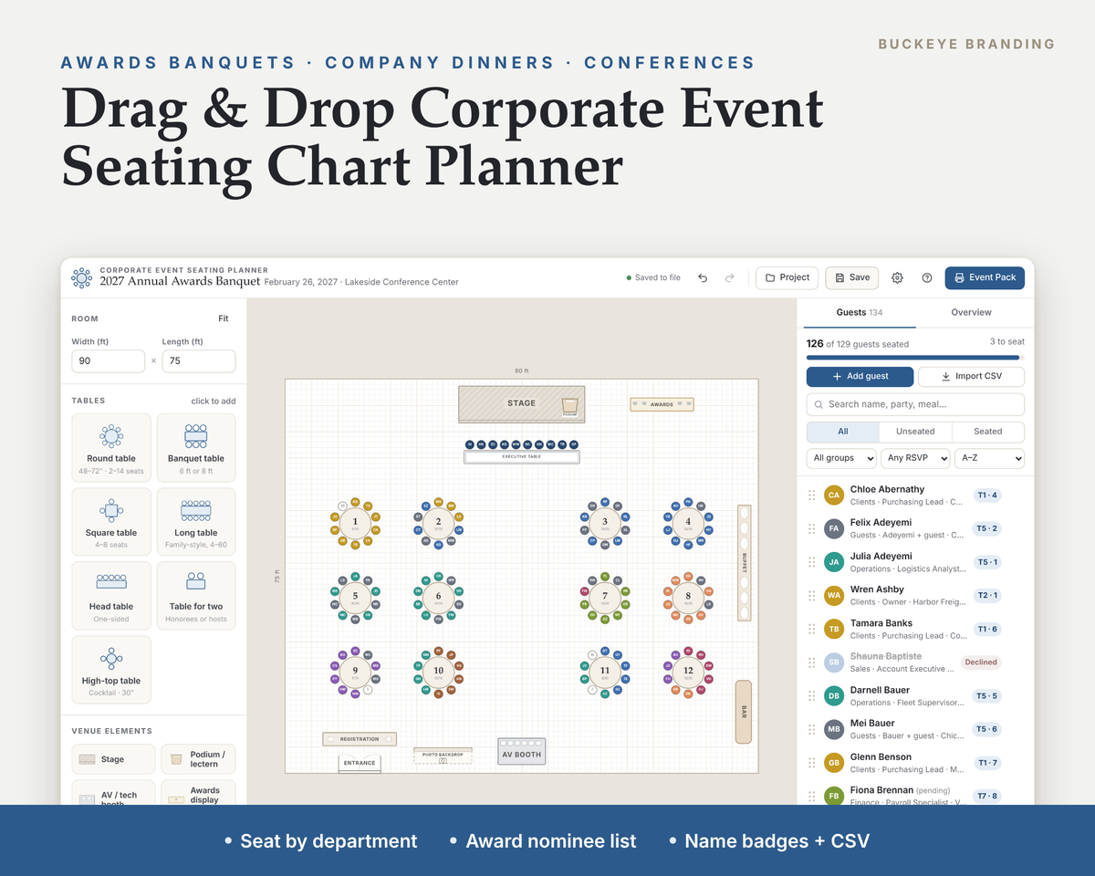 Corporate Event & Awards Banquet Seating Chart Planner digital download, preview image 1 of 5
