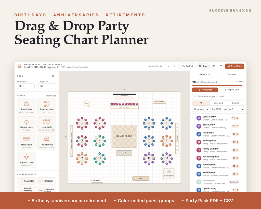 Milestone Party Seating Chart Planner digital download, preview image 1 of 5