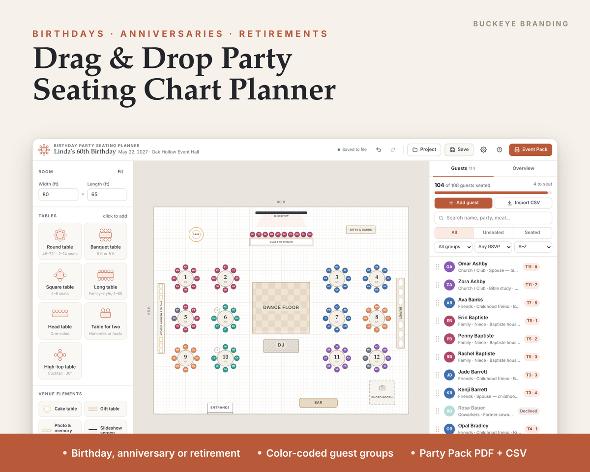 Milestone Party Seating Chart Planner digital download, preview image 1 of 5