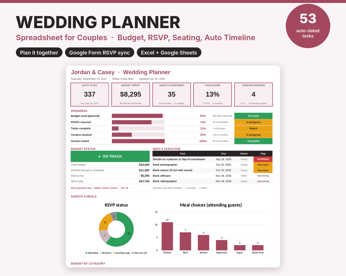 Wedding Planner Spreadsheet + Seating Chart Bundle digital download, preview image 2 of 6
