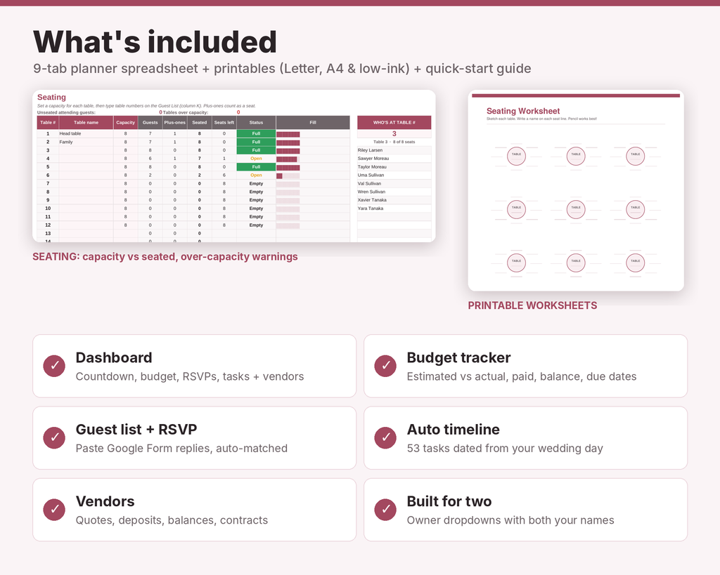 Wedding Planner Spreadsheet + Seating Chart Bundle digital download, preview image 3 of 6