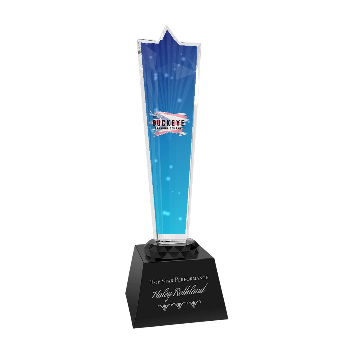 10 in. crystal rising star award with a black base, UV printed with a full-color sample logo