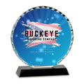5 in. round facet glass award on a black base, UV printed with a full-color sample logo