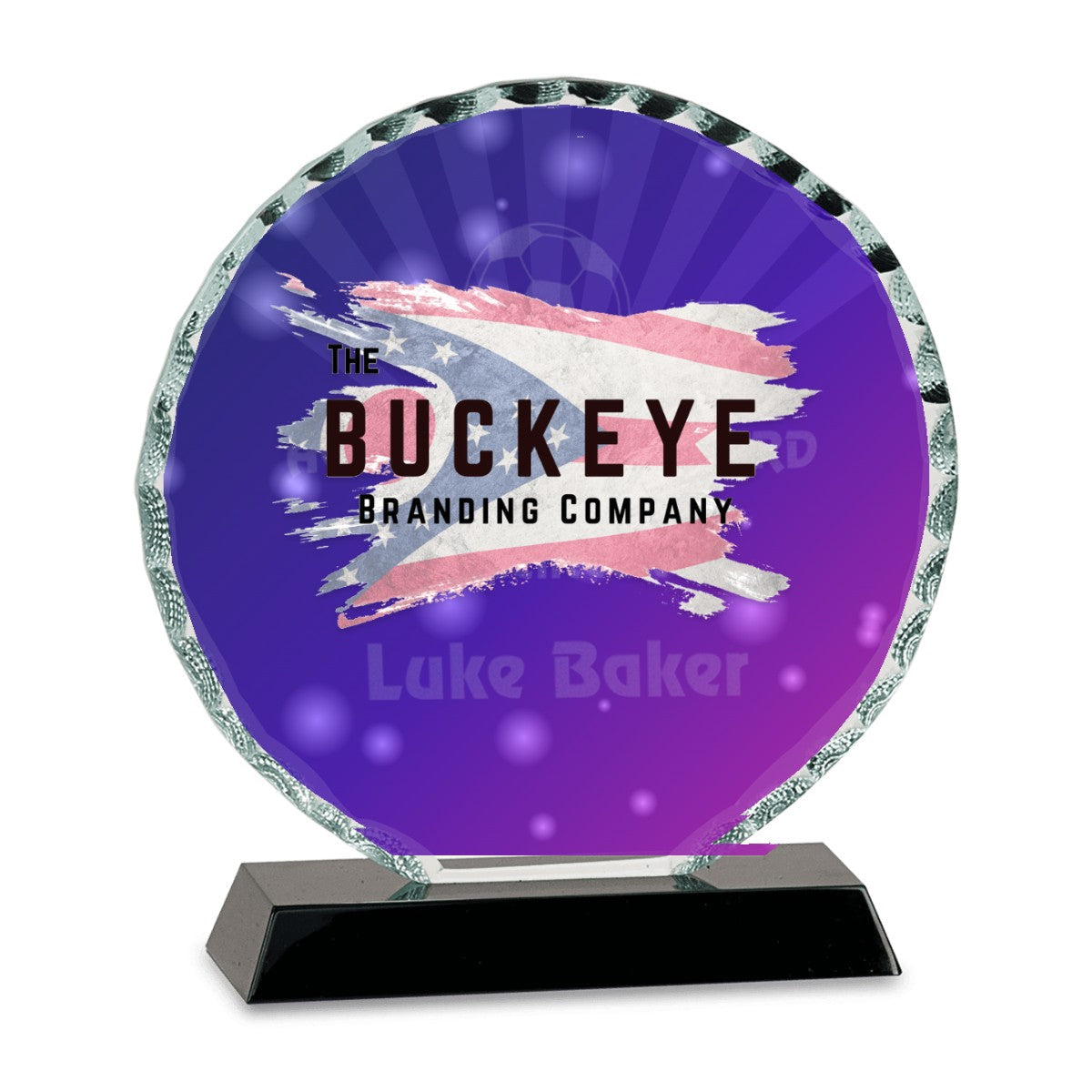 6 1/2 in. round facet glass award on a black base, UV printed with a full-color sample logo