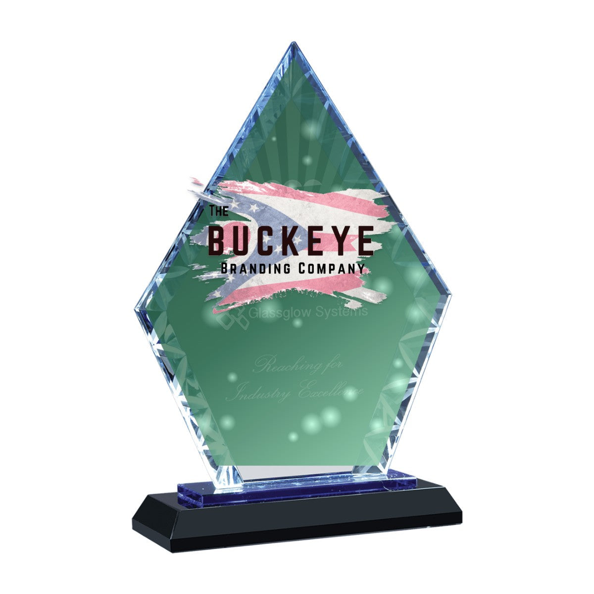 7 1/2 in. diamond accent glass award on a black base, UV printed with a full-color sample logo