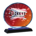 7 in. clear oval accent glass award on a blue and black reflective base, UV printed with a full-color sample logo