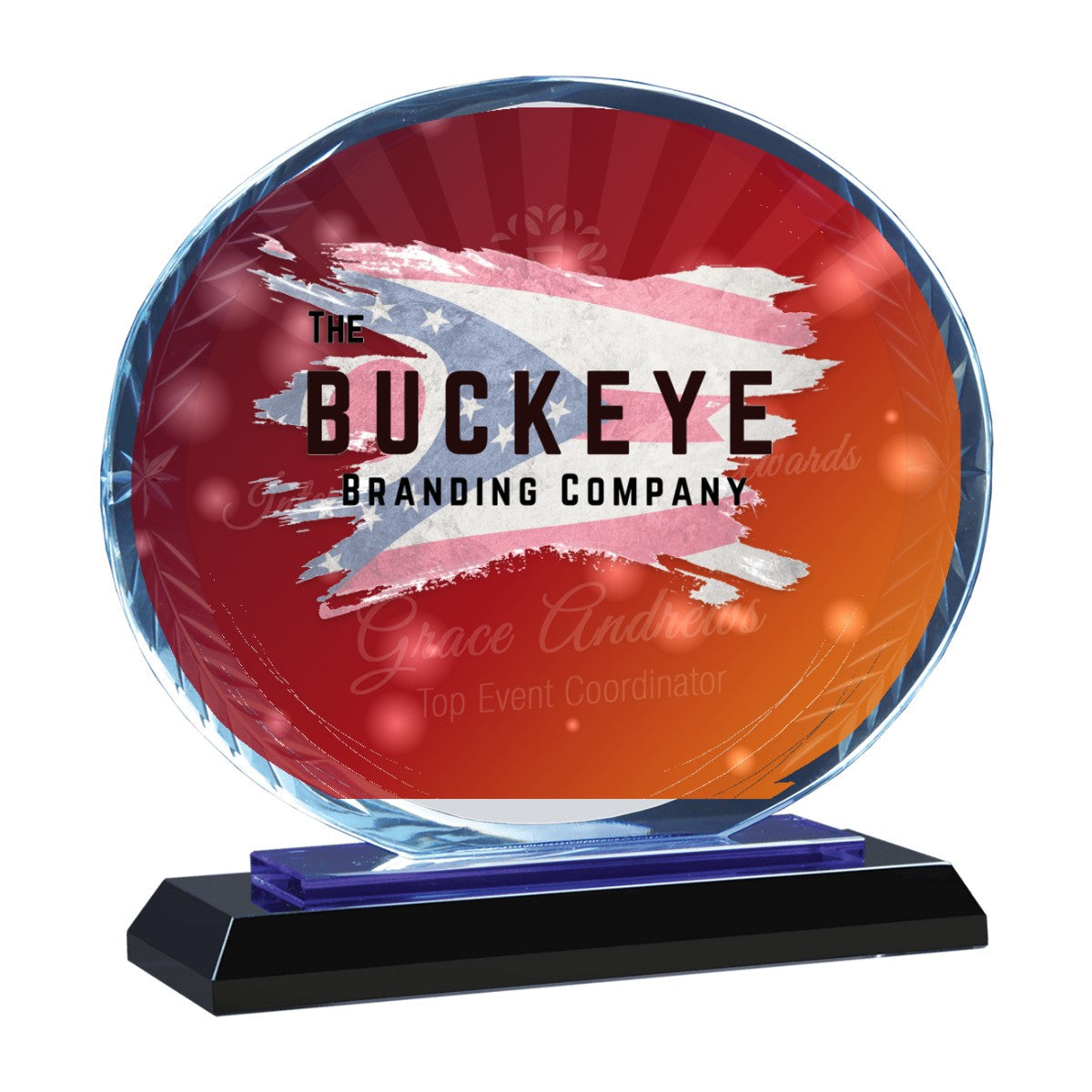 7 in. clear oval accent glass award on a blue and black reflective base, UV printed with a full-color sample logo