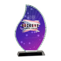 8 1/2 in. flame facet glass award on a black base, UV printed with a full-color sample logo