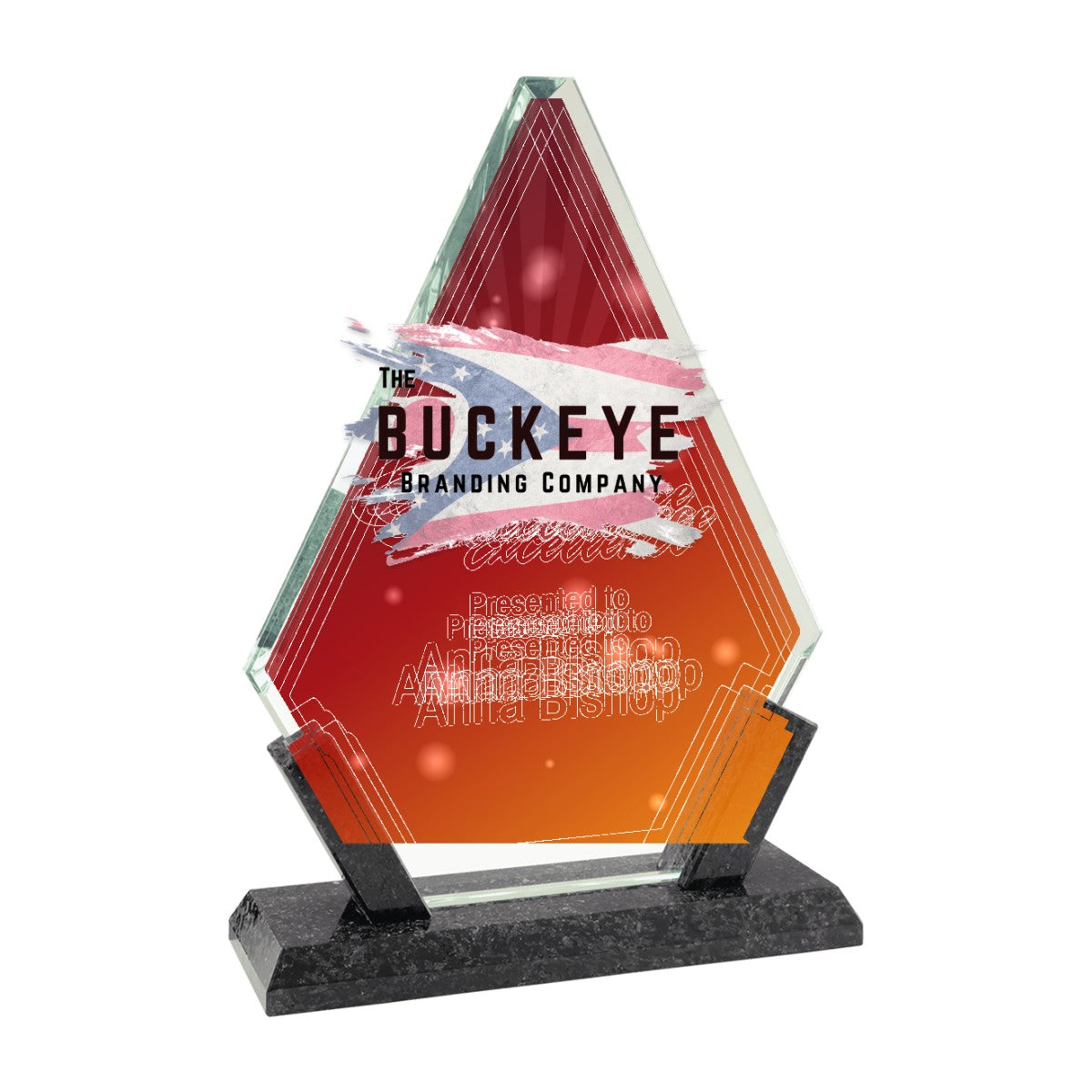 8 1/4 in. diamond glass award on a black marble base, UV printed with a full-color sample logo