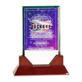 8 3/4 in. rectangle prestige glass award on a rosewood piano finish base, UV printed with a full-color sample logo