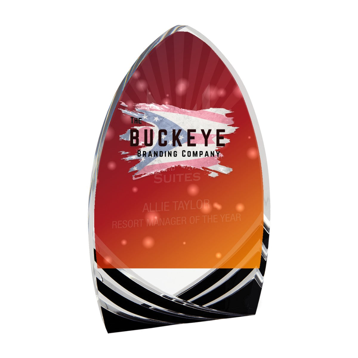 8 in. black cathedral soaring acrylic award, UV printed with a full-color sample logo