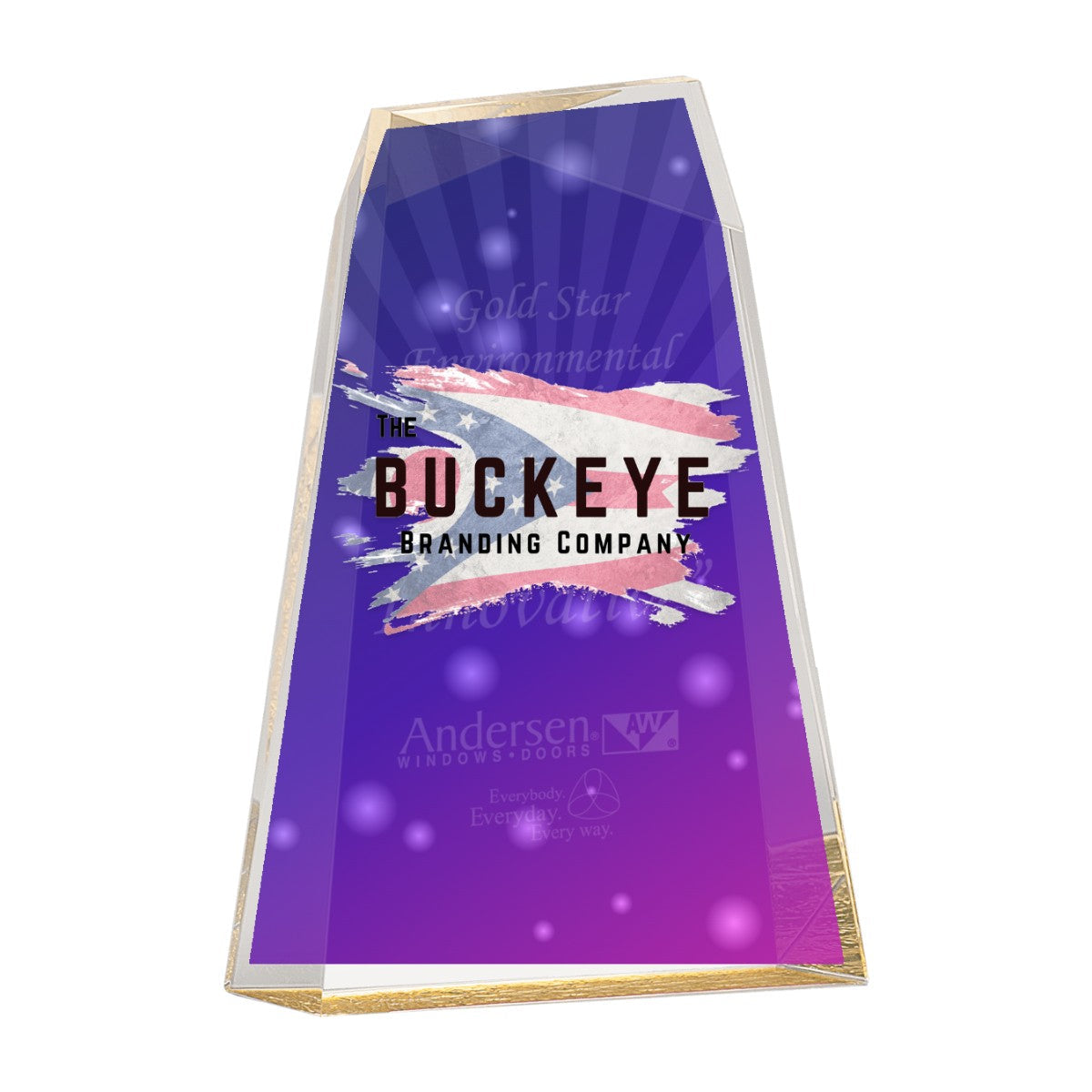 8 in. gold facet wedge acrylic award, UV printed with a full-color sample logo
