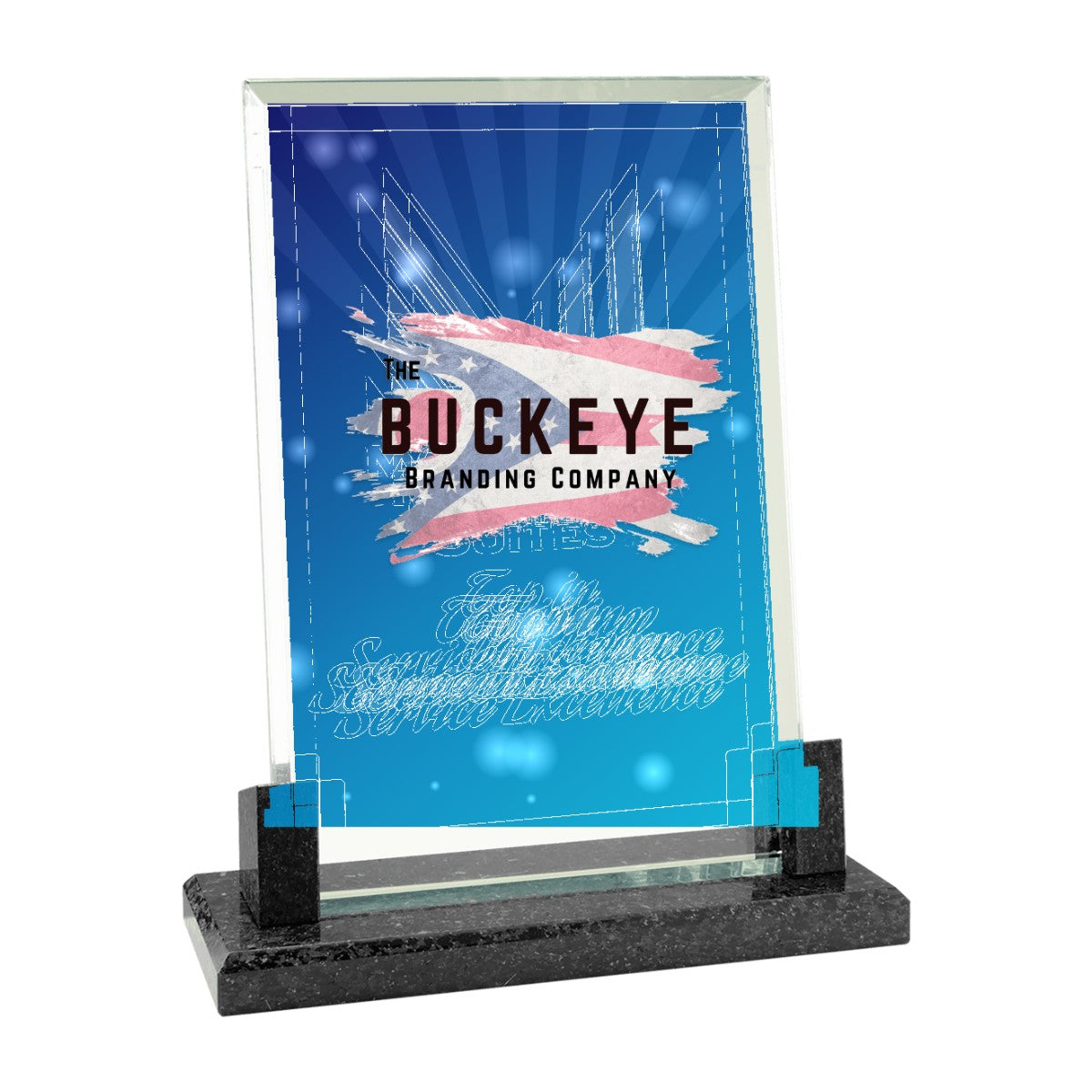 8 in. rectangle glass award on a black marble base, UV printed with a full-color sample logo