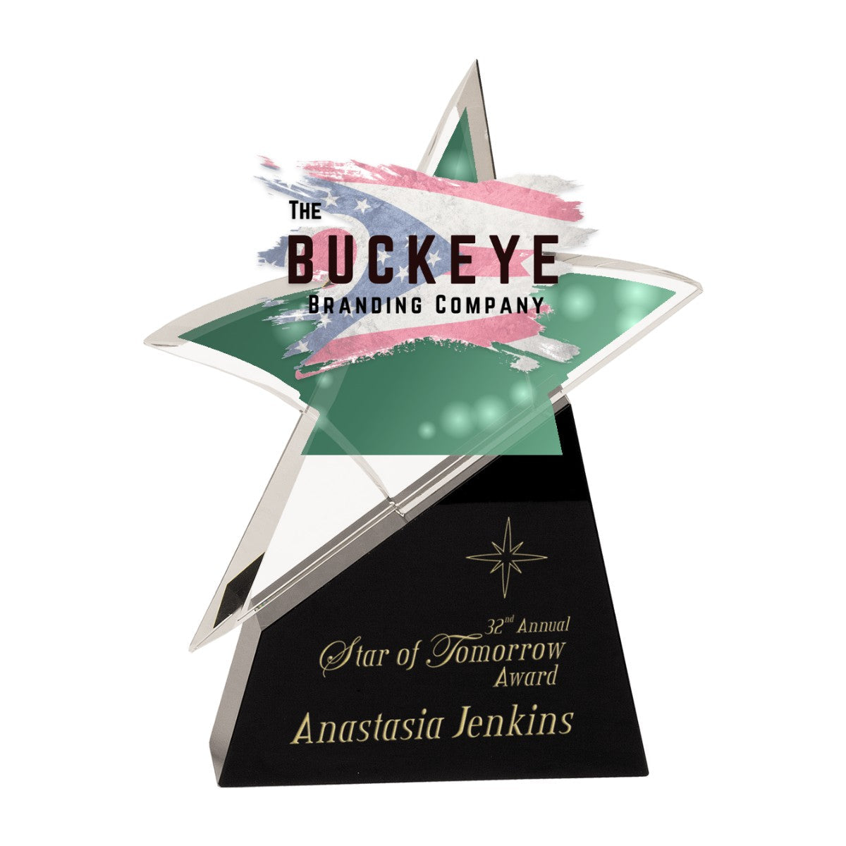 9 1/2 in. clear crystal outline star award on a black base, UV printed with a full-color sample logo