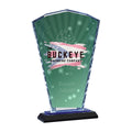 9 1/2 in. clear fan accent glass award on a blue and black reflective base, UV printed with a full-color sample logo