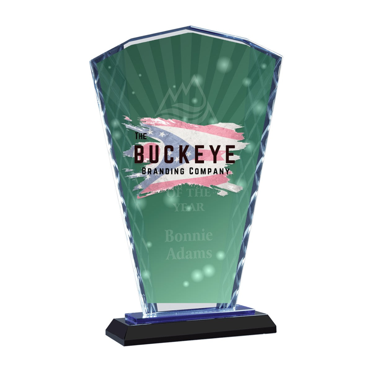 9 1/2 in. clear fan accent glass award on a blue and black reflective base, UV printed with a full-color sample logo