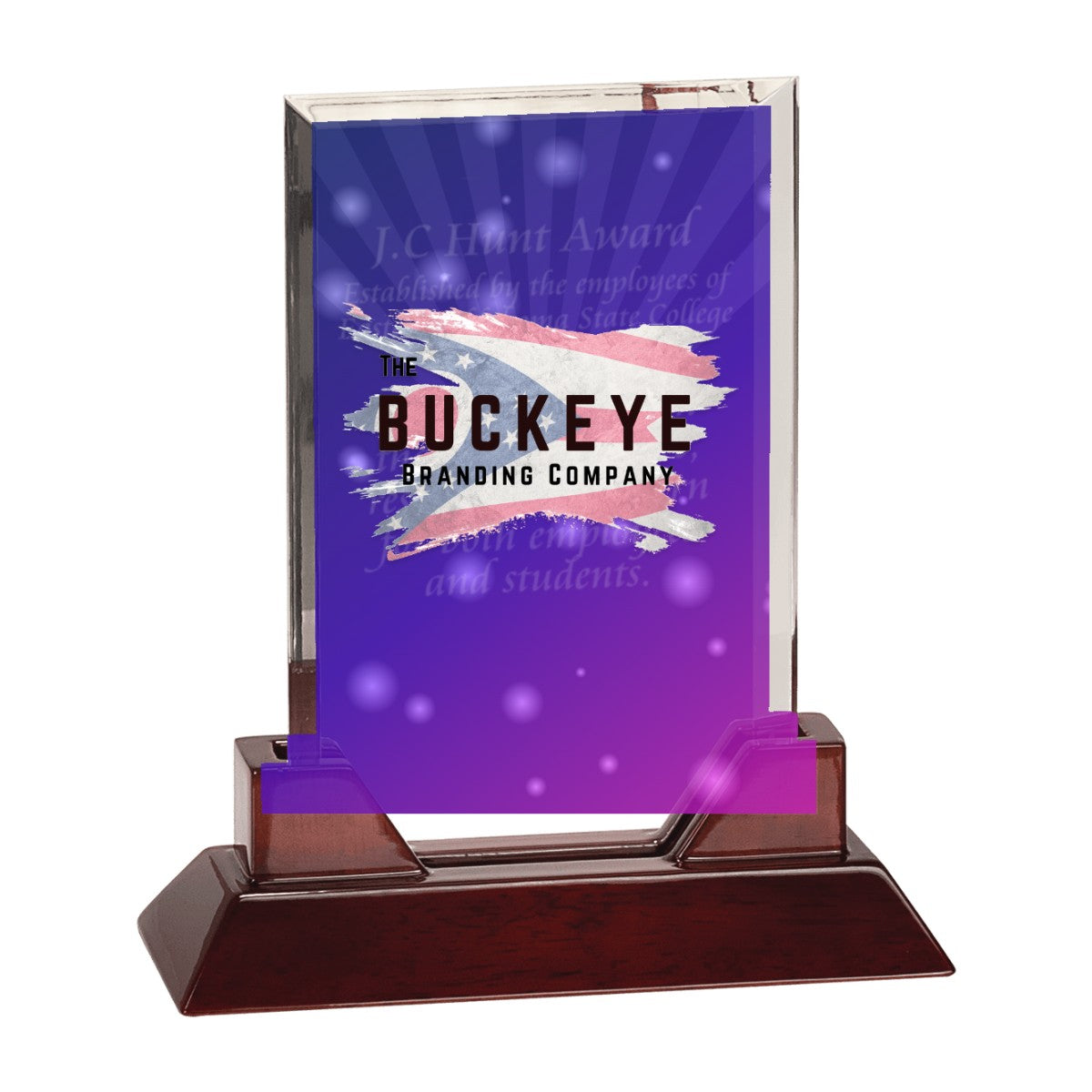 9 3/4 in. rectangle prestige acrylic award on a rosewood piano finish base, UV printed with a full-color sample logo