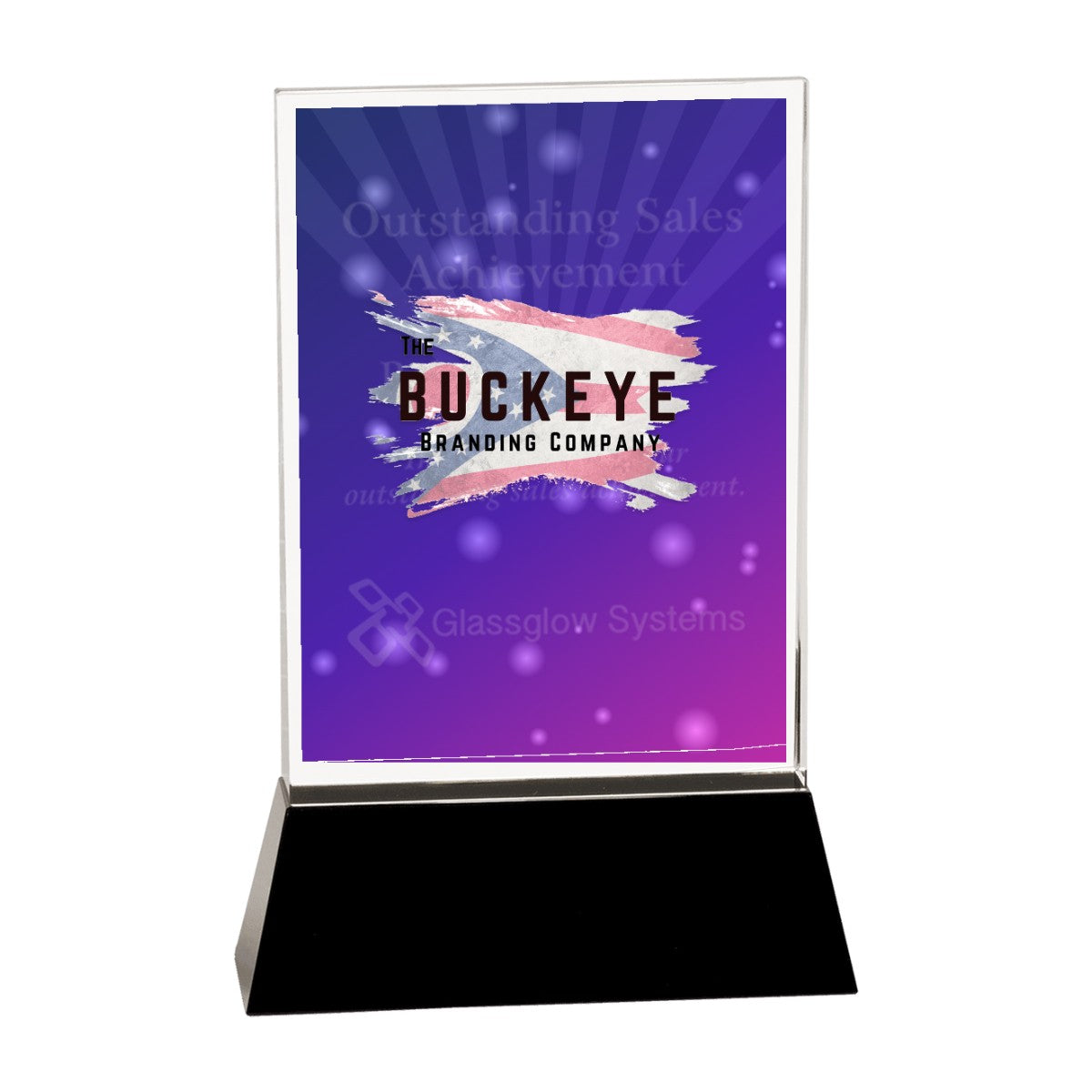 9 in. clear crystal rectangle wedge award on a black base, UV printed with a full-color sample logo