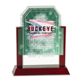 9 in. gateway jade clip corner glass award on a rosewood finish base, UV printed with a full-color sample logo