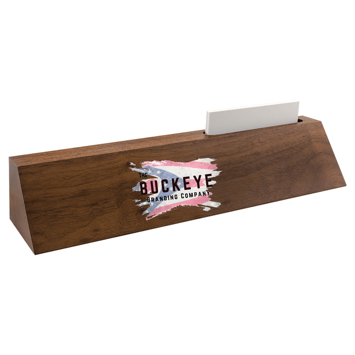 Walnut desk name plate with business card holder, UV printed with a full-color sample logo